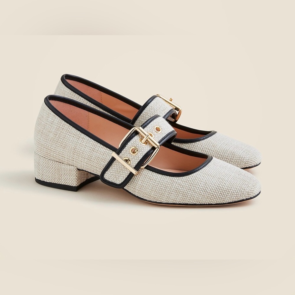 J. Crew Teagan Mary Jane Heels in Spanish Canvas Cream & Black